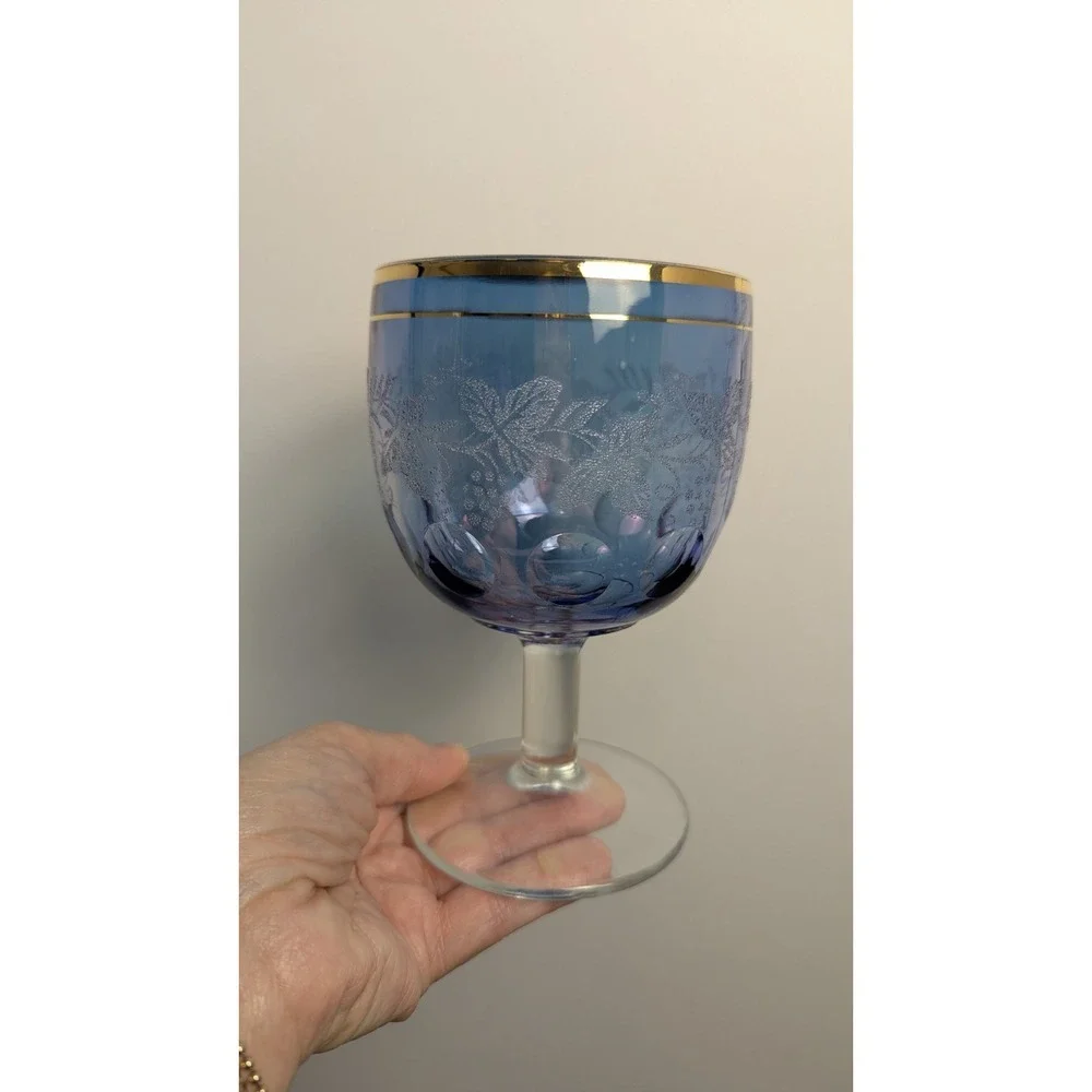 Vintage Blue Glass Goblet Gold Gilt Etched Grapevine Thumbprint Wine Glass